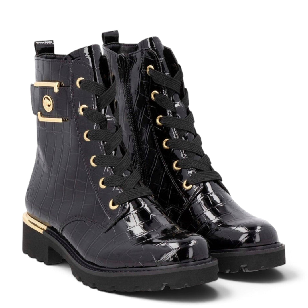 ada-shoes.ro Remonte black crocodile-textured patent leather biker boots with gold buckle and lace-up detail.