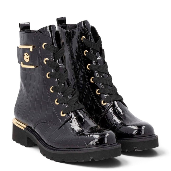 ada-shoes.ro Remonte black crocodile-textured patent leather biker boots with gold buckle and lace-up detail.