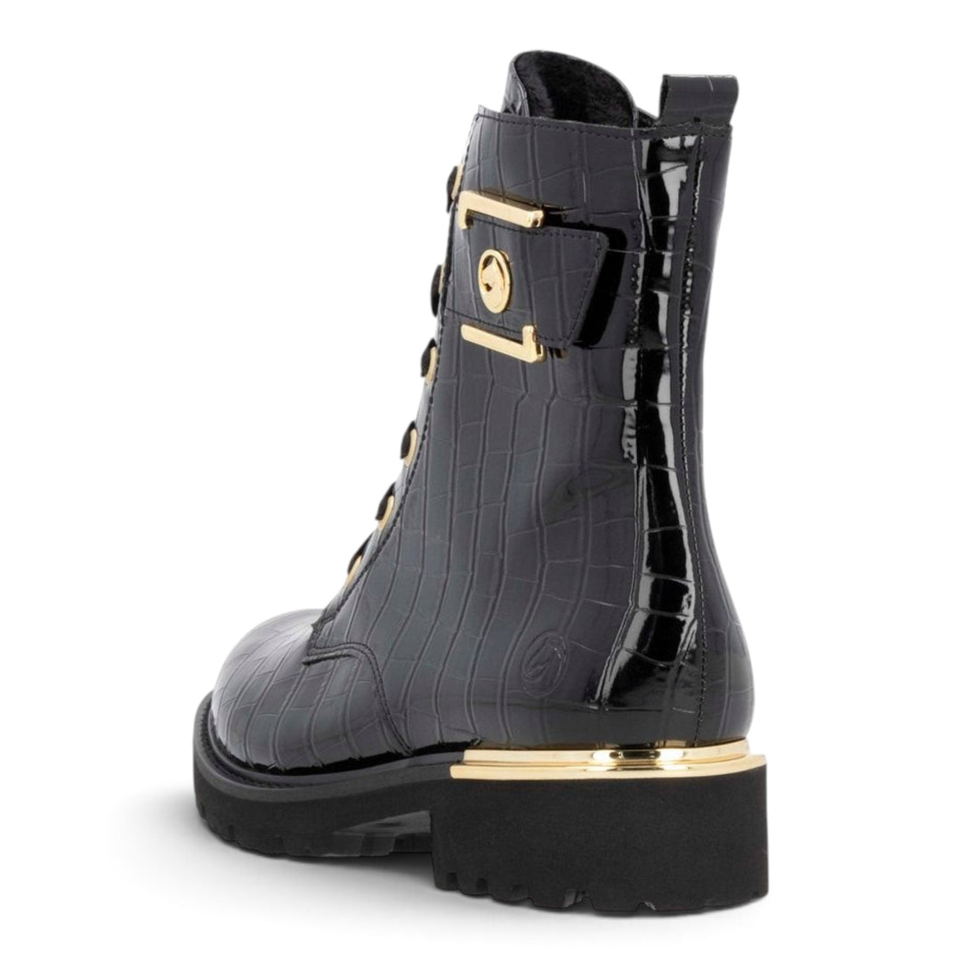 ada-shoes.ro Remonte black crocodile-textured ankle boots with gold buckle and chunky lug sole, rear view.