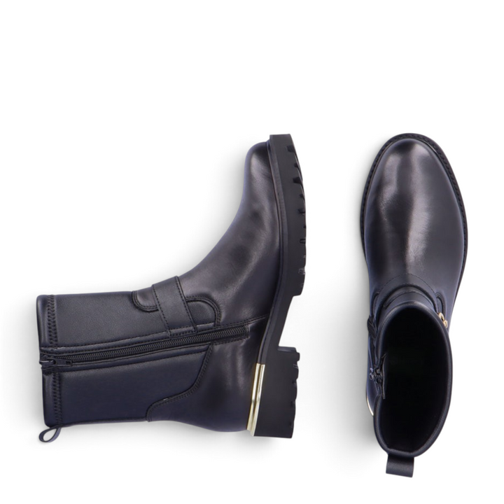 ada-shoes.ro Remonte black leather casual ankle boots with side zip, lace-up detail, and durable 3cm block heel.