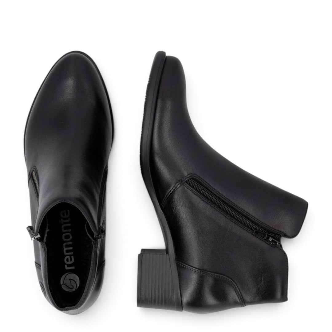 ada-shoes.ro Remonte R5190-00 black leather ankle boots with a block heel and side zipper closure.
