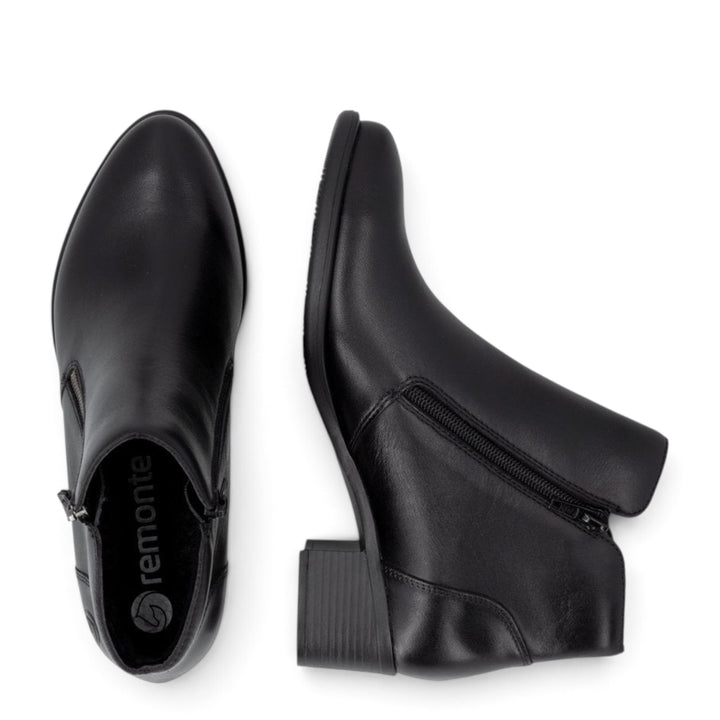 ada-shoes.ro Remonte R5190-00 black leather ankle boots with a block heel and side zipper closure.