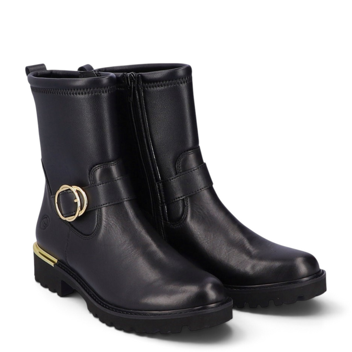 ada-shoes.ro Remonte black leather casual ankle boots with side zipper, buckle detail, and durable lug sole