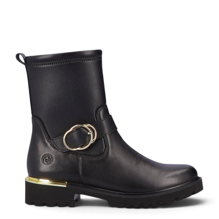ada-shoes.ro Remonte black leather casual ankle boots with gold buckle detail and flexible lug sole