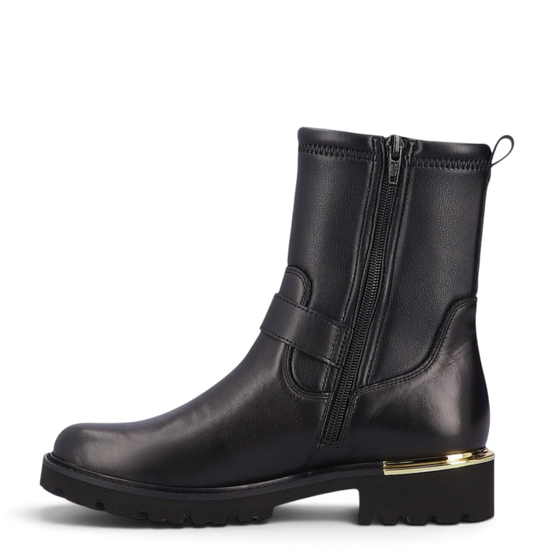 ada-shoes.ro Remonte black leather casual ankle boots with side zipper, lace-up detail, and gold-tone heel accent