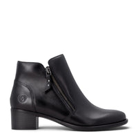 ada-shoes.ro Remonte black leather ankle boots with a block heel, side zipper closure, and a classic elegant design.