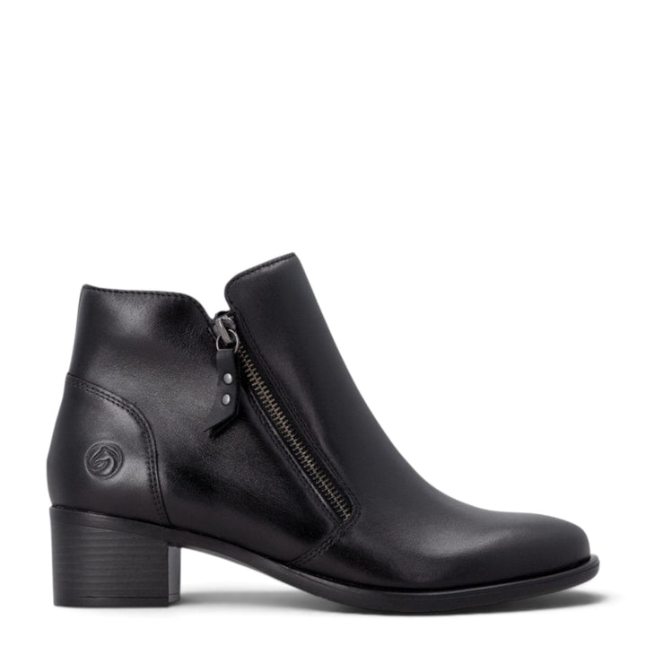 ada-shoes.ro Remonte black leather ankle boots with a block heel, side zipper closure, and a classic elegant design.