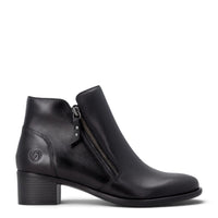 ada-shoes.ro Remonte black leather ankle boots with a block heel, side zipper closure, and a classic elegant design.