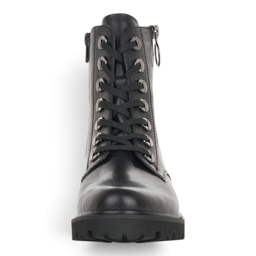 ada-shoes.ro Remonte black leather lace-up ankle boots with side zippers and a durable lug sole.