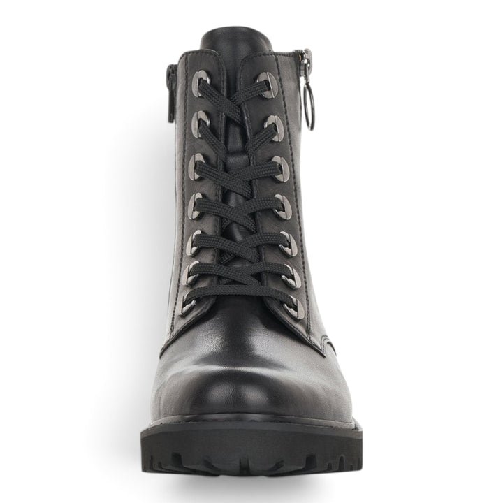 ada-shoes.ro Remonte black leather lace-up ankle boots with side zippers and a durable lug sole.