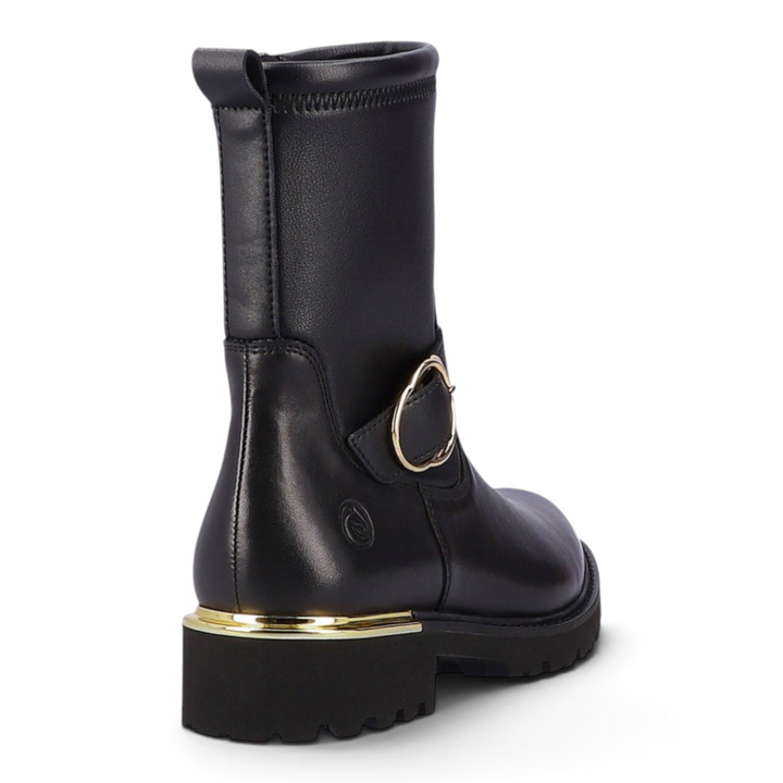 ada-shoes.ro Remonte black leather casual mid-calf boots with gold buckle detail and metallic sole trim