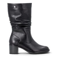 ada-shoes.ro Remonte D2A79-00 black leather mid-calf boots with a block heel and side zipper closure.
