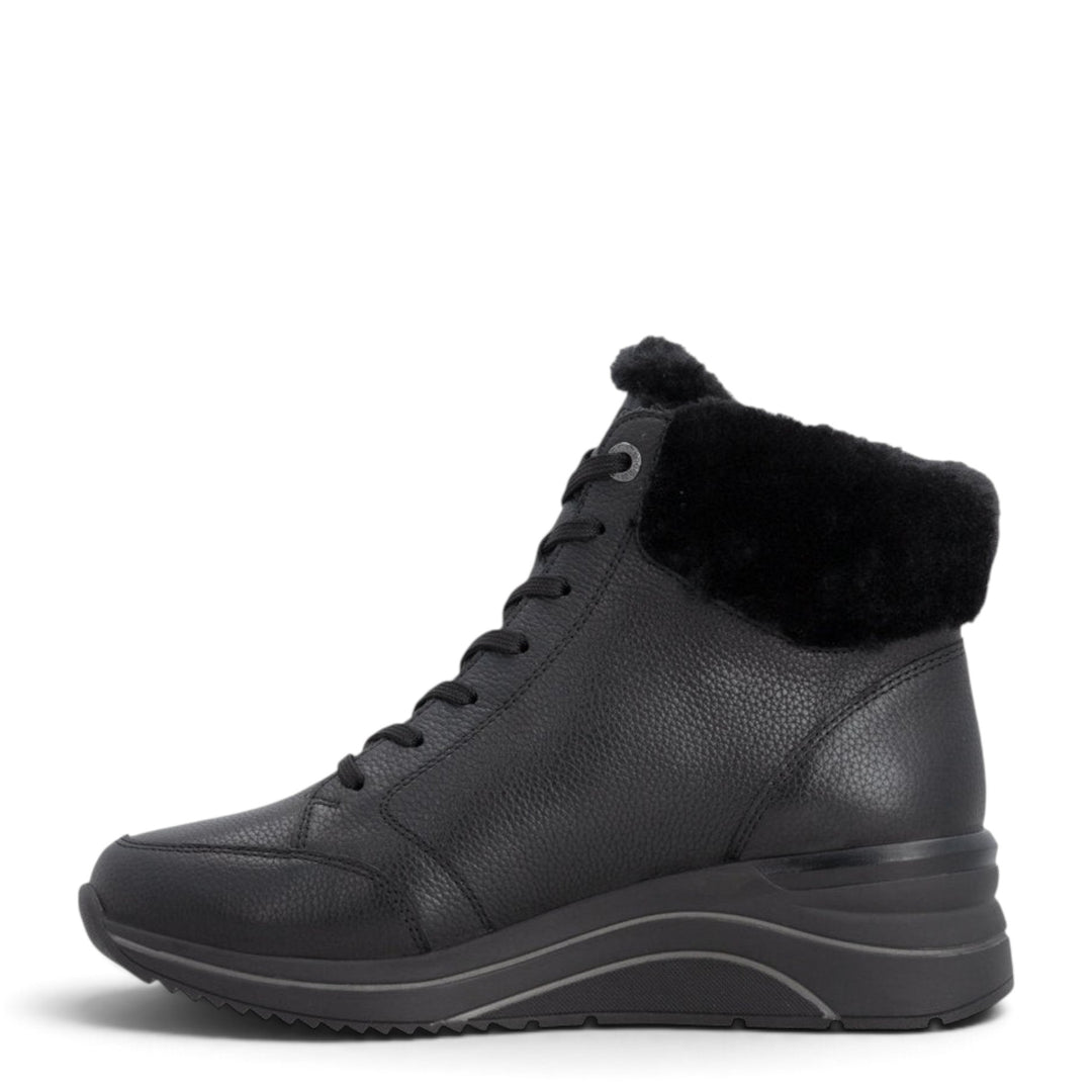 ada-shoes.ro Remonte black leather ankle boots with wool lining, side zippers, and laces for a wide-fit casual style.