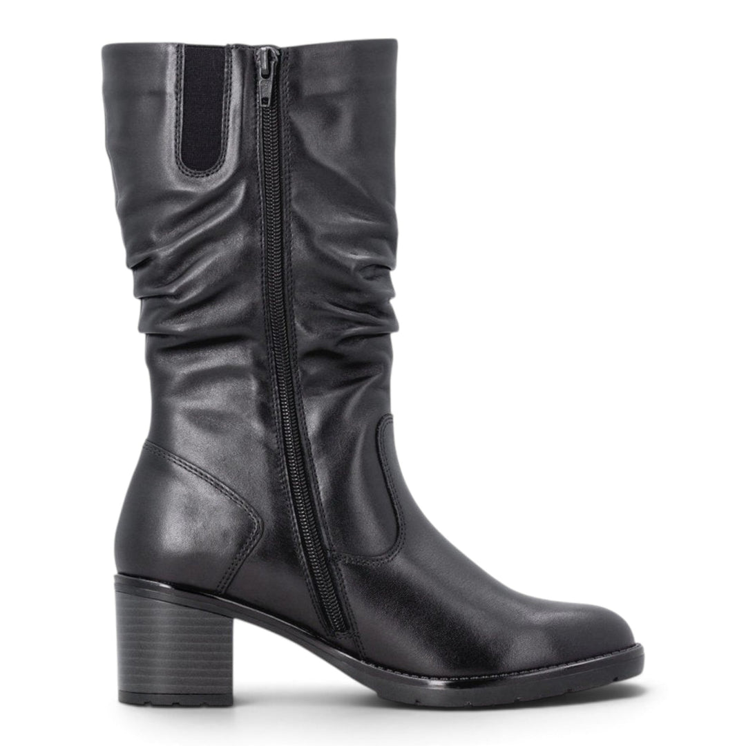 ada-shoes.ro Remonte black leather mid-calf boots with a block heel, side zipper, and ruched detailing.