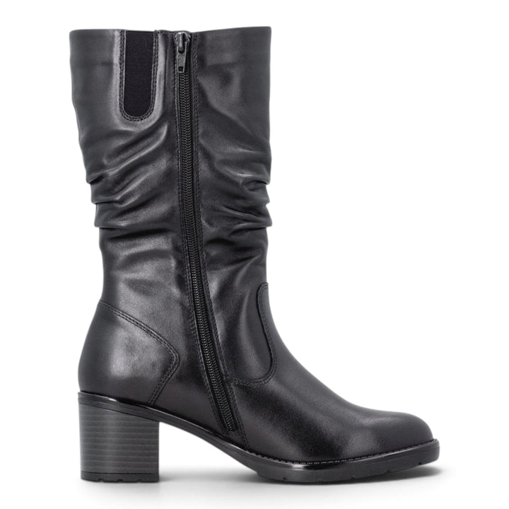 ada-shoes.ro Remonte black leather mid-calf boots with a block heel, side zipper, and ruched detailing.