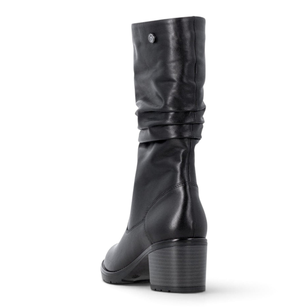 ada-shoes.ro Remonte black leather mid-calf boots with a block heel and ruched shaft detail, rear view.