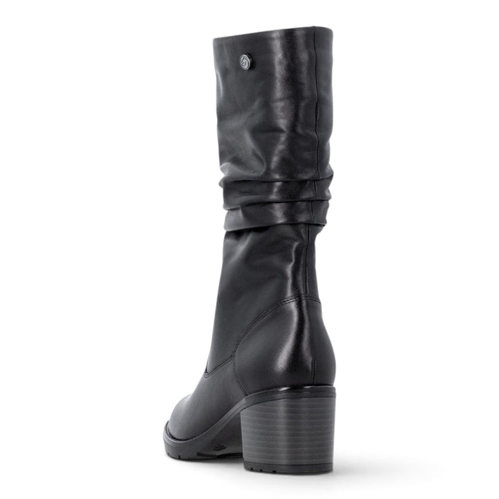 ada-shoes.ro Remonte black leather mid-calf boots with a block heel and ruched shaft detail, rear view.