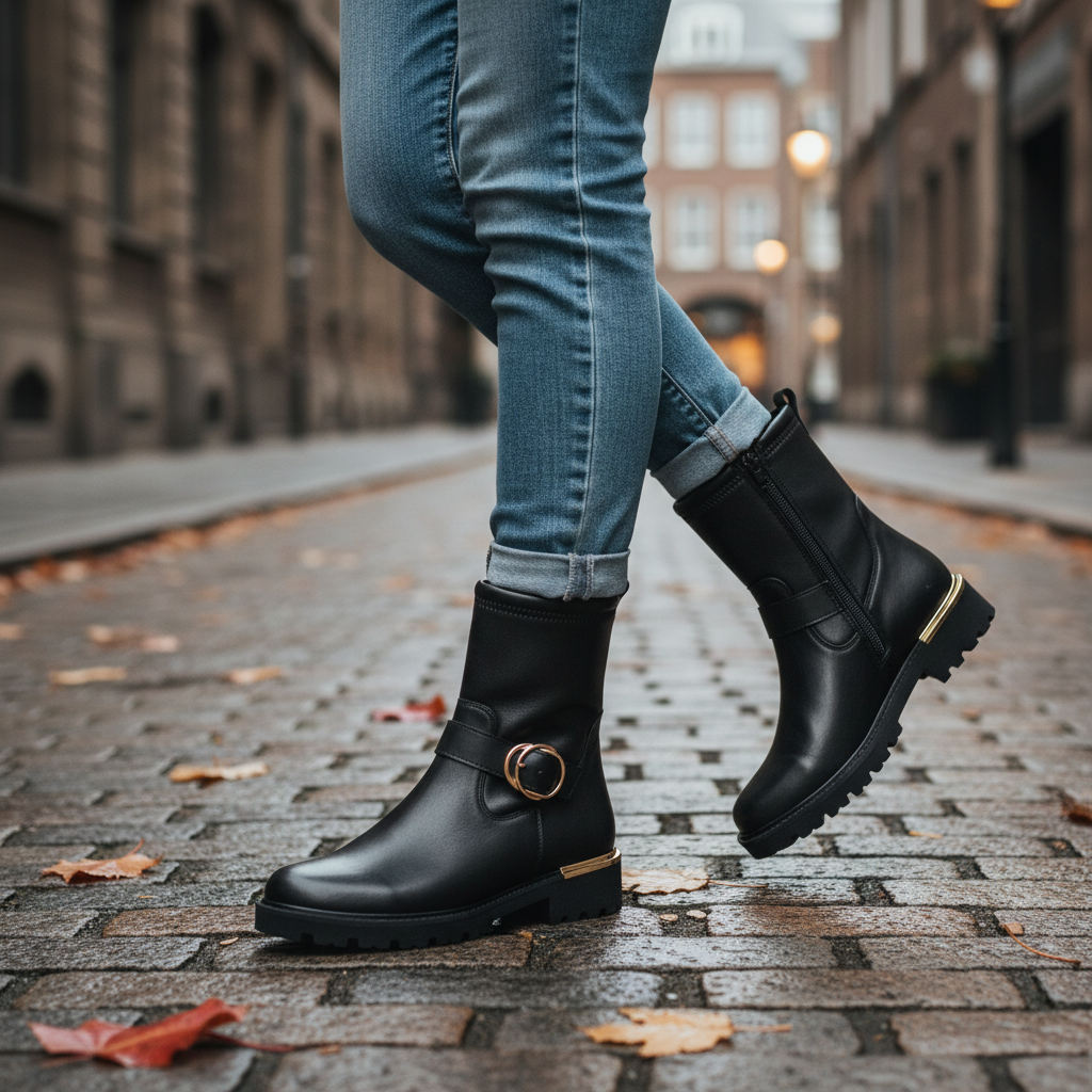 ada-shoes.ro Remonte black leather casual ankle boots with gold buckle detail worn on a cobblestone street