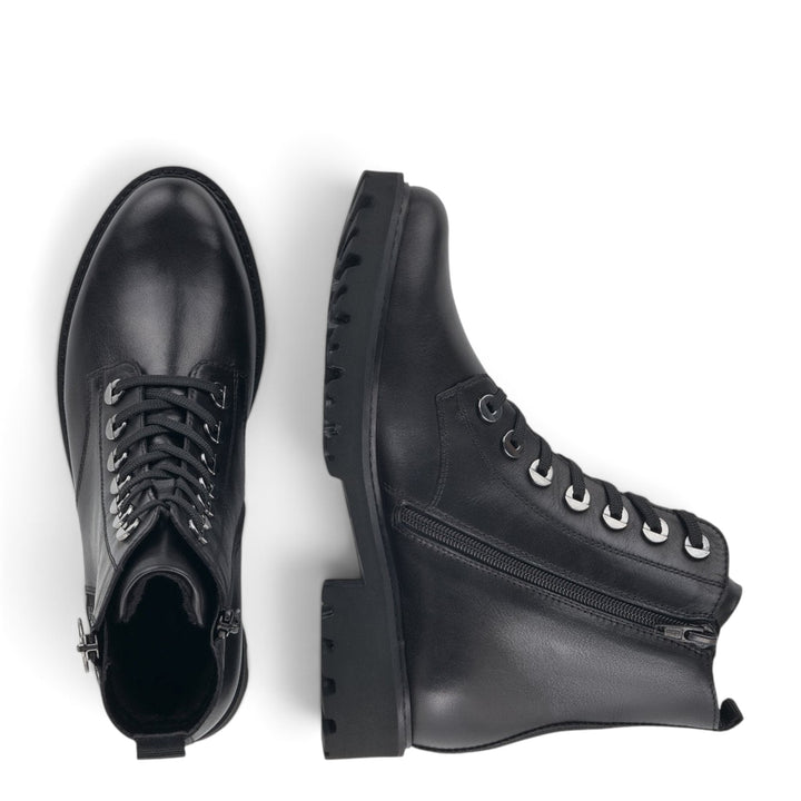 ada-shoes.ro Remonte black leather ankle boots with laces, side zippers, and a durable lug sole for daily wear.