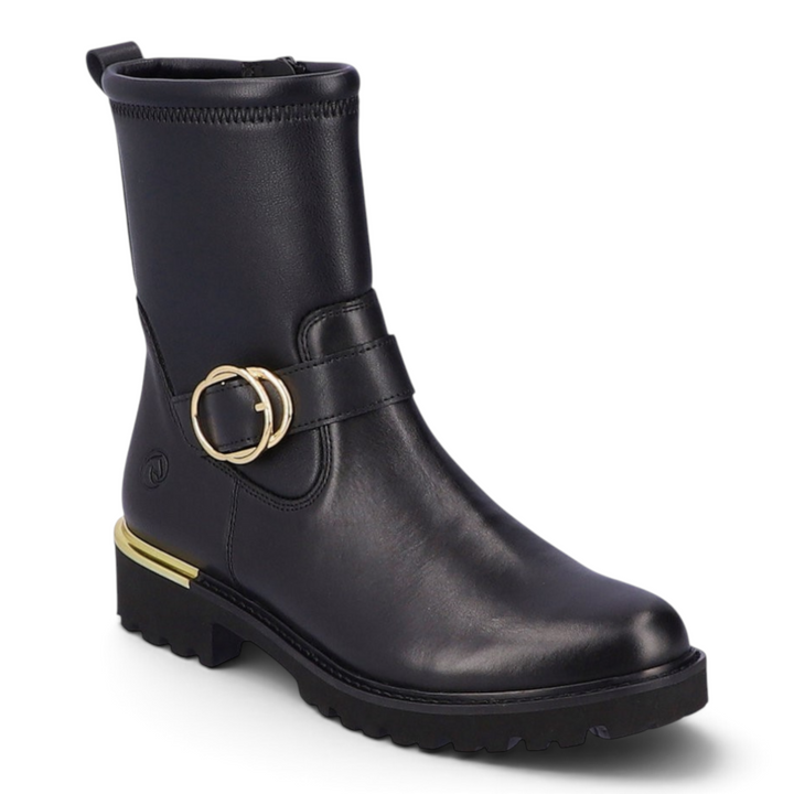 ada-shoes.ro Remonte black leather casual ankle boots with gold buckle detail and flexible lug sole