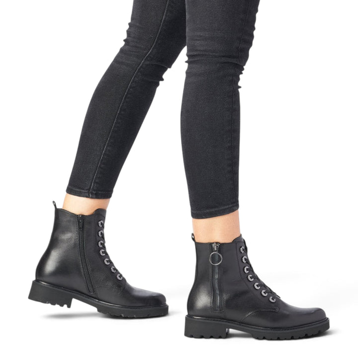 ada-shoes.ro Remonte black leather ankle boots with side zippers and laces worn with black jeans