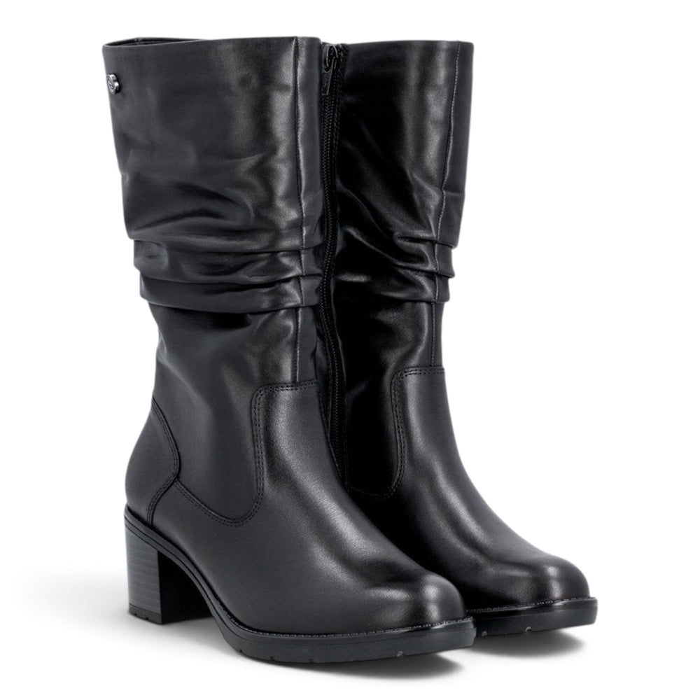 ada-shoes.ro Remonte black leather boots with a block heel, side zipper, and ruched shaft detail.