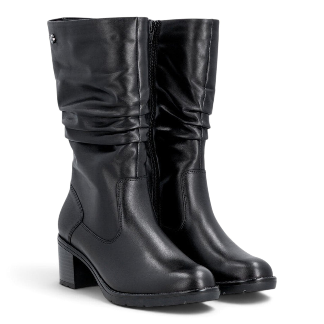 ada-shoes.ro Remonte black leather boots with a block heel, side zipper, and ruched shaft detail.