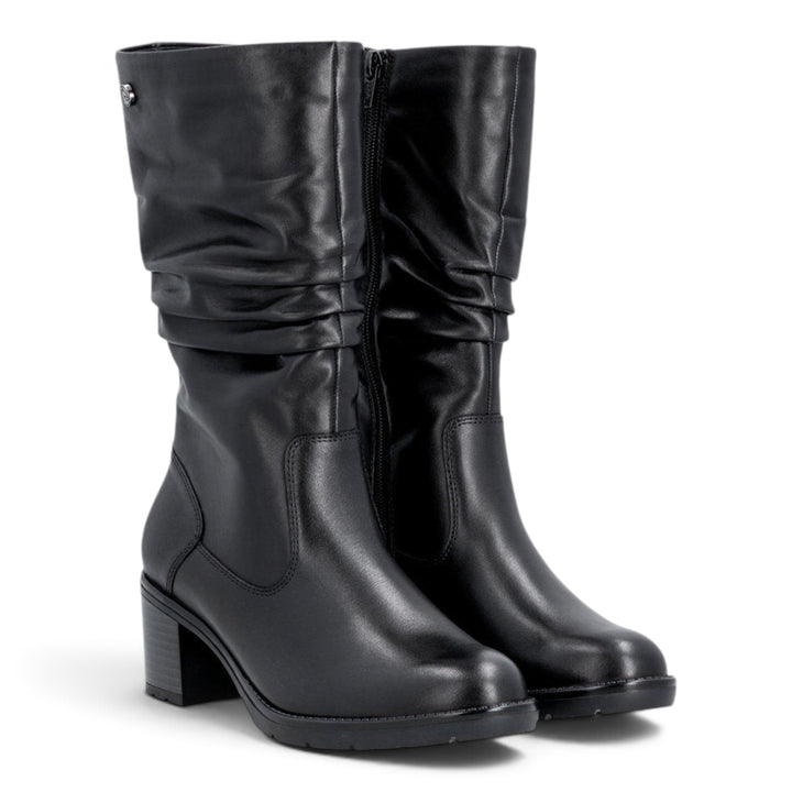 ada-shoes.ro Remonte black leather boots with a block heel, side zipper, and ruched shaft detail.
