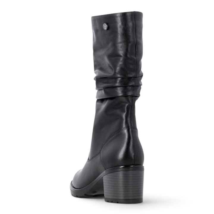 ada-shoes.ro Remonte black leather mid-calf boots with a block heel and ruched shaft detail, rear view.