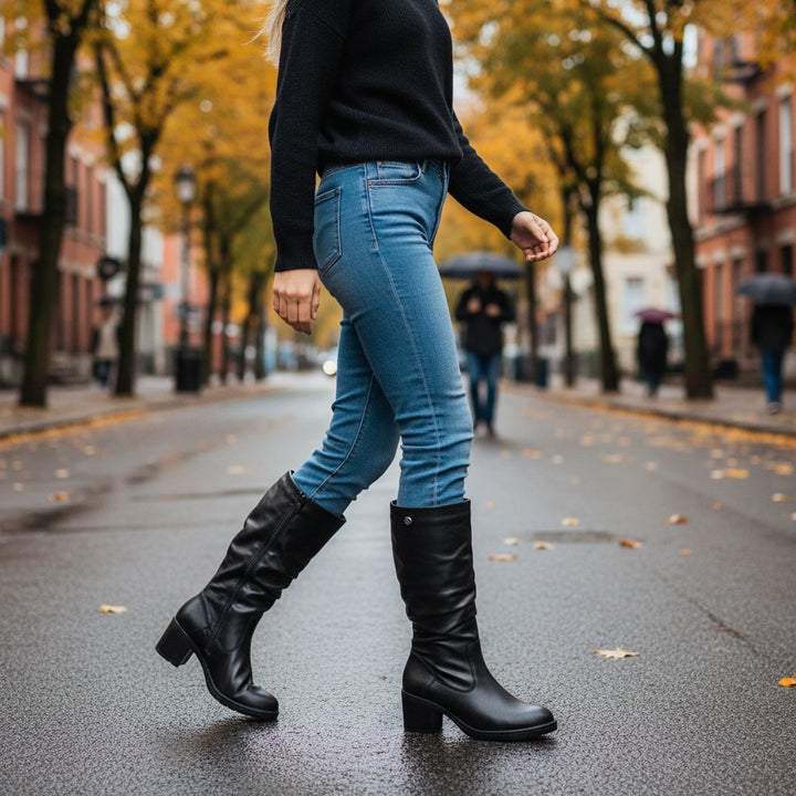 ada-shoes.ro Remonte black leather boots with block heel worn by a woman walking on a city street in autumn