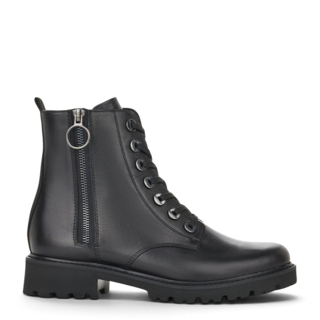 ada-shoes.ro Remonte black leather ankle boots with side zipper and lace-up closure for a casual urban style.