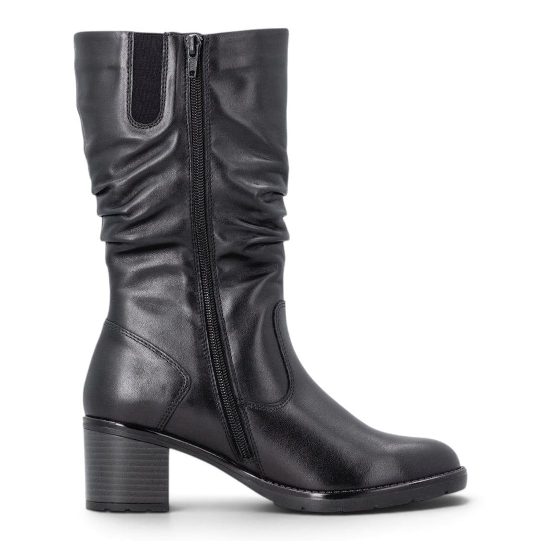 ada-shoes.ro Remonte black leather mid-calf boots with a block heel, side zipper, and ruched detailing.