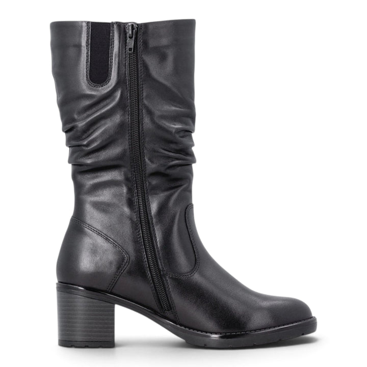 ada-shoes.ro Remonte black leather mid-calf boots with a block heel, side zipper, and ruched detailing.