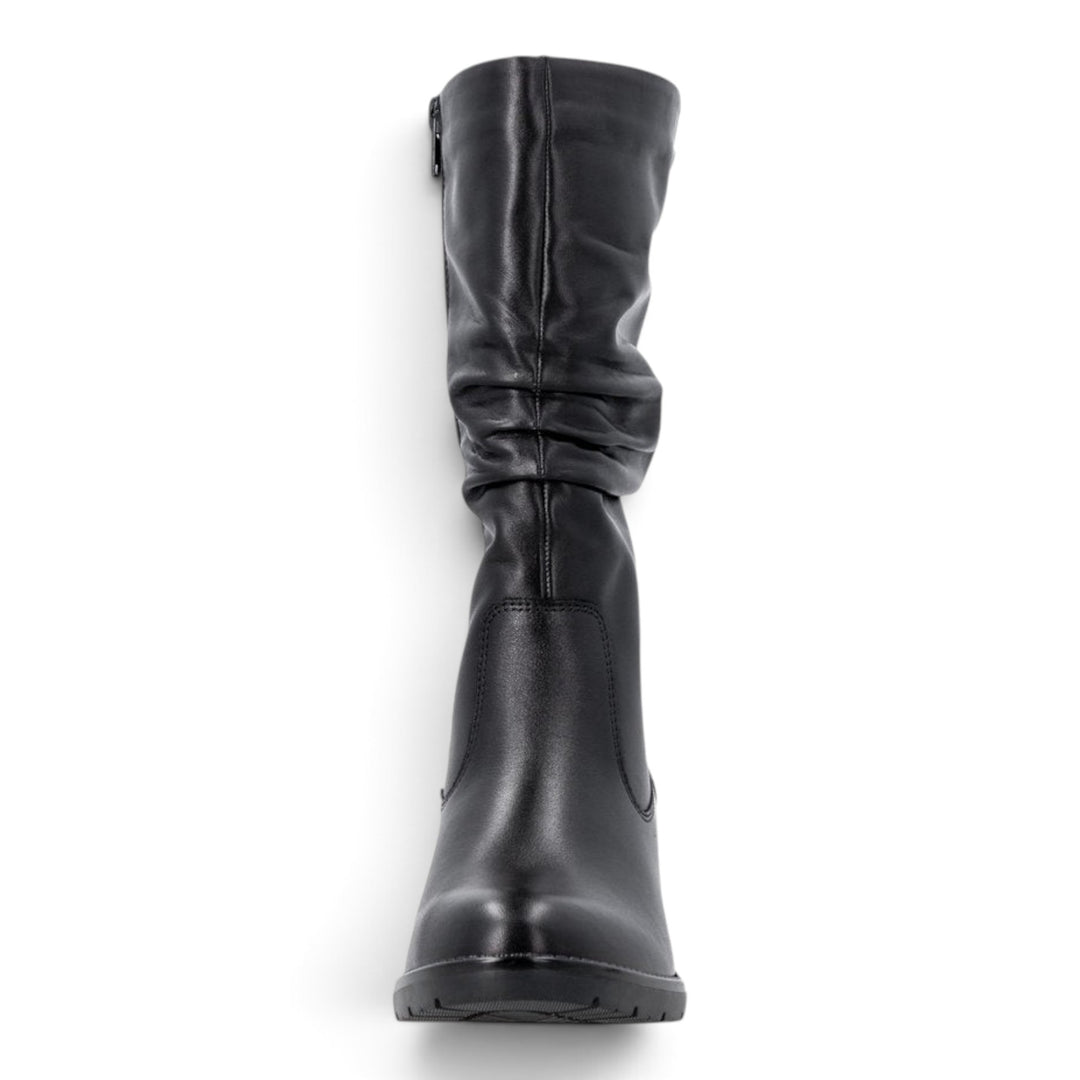 ada-shoes.ro Remonte D2A79-00 black leather boots with a block heel, featuring a ruched shaft and side zipper.