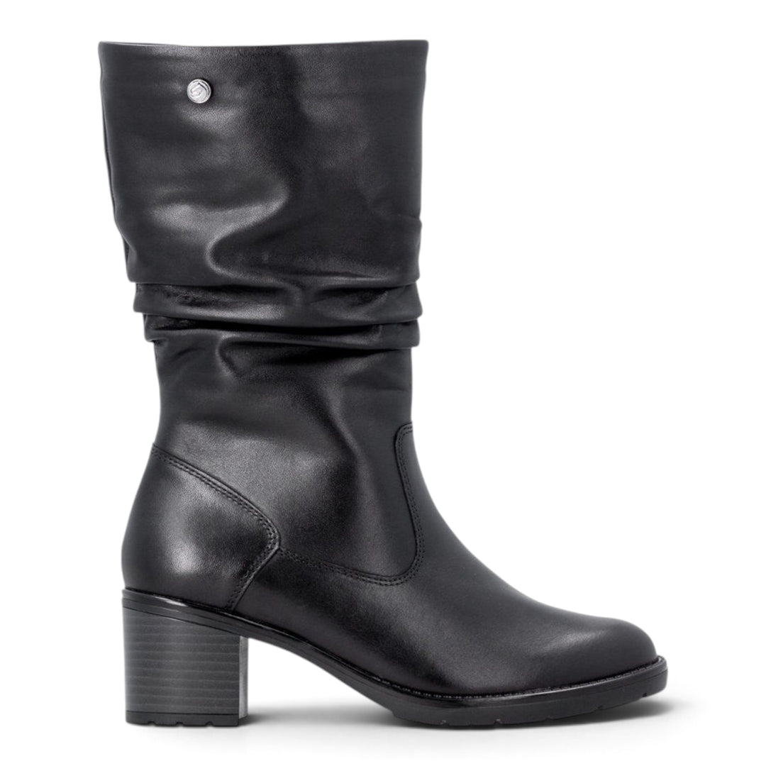 ada-shoes.ro Remonte D2A79-00 black leather mid-calf boots with a block heel and side zipper closure.