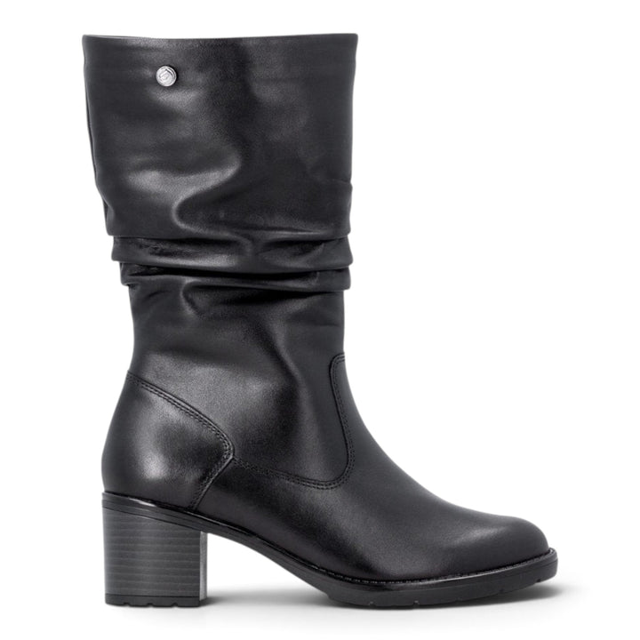 ada-shoes.ro Remonte D2A79-00 black leather mid-calf boots with a block heel and side zipper closure.