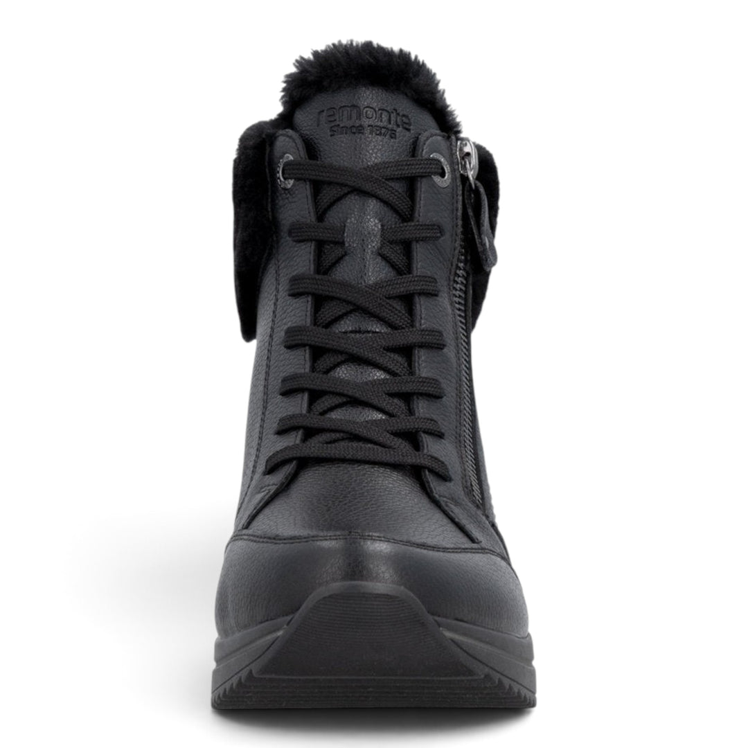 ada-shoes.ro Remonte black leather winter boots with wool lining, laces, and side zippers for a wide fit