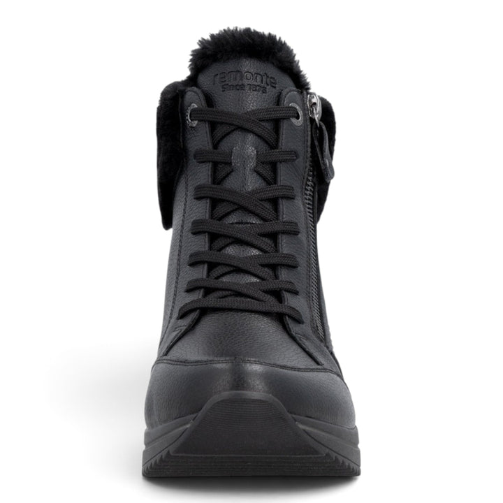 ada-shoes.ro Remonte black leather winter boots with wool lining, laces, and side zippers for a wide fit