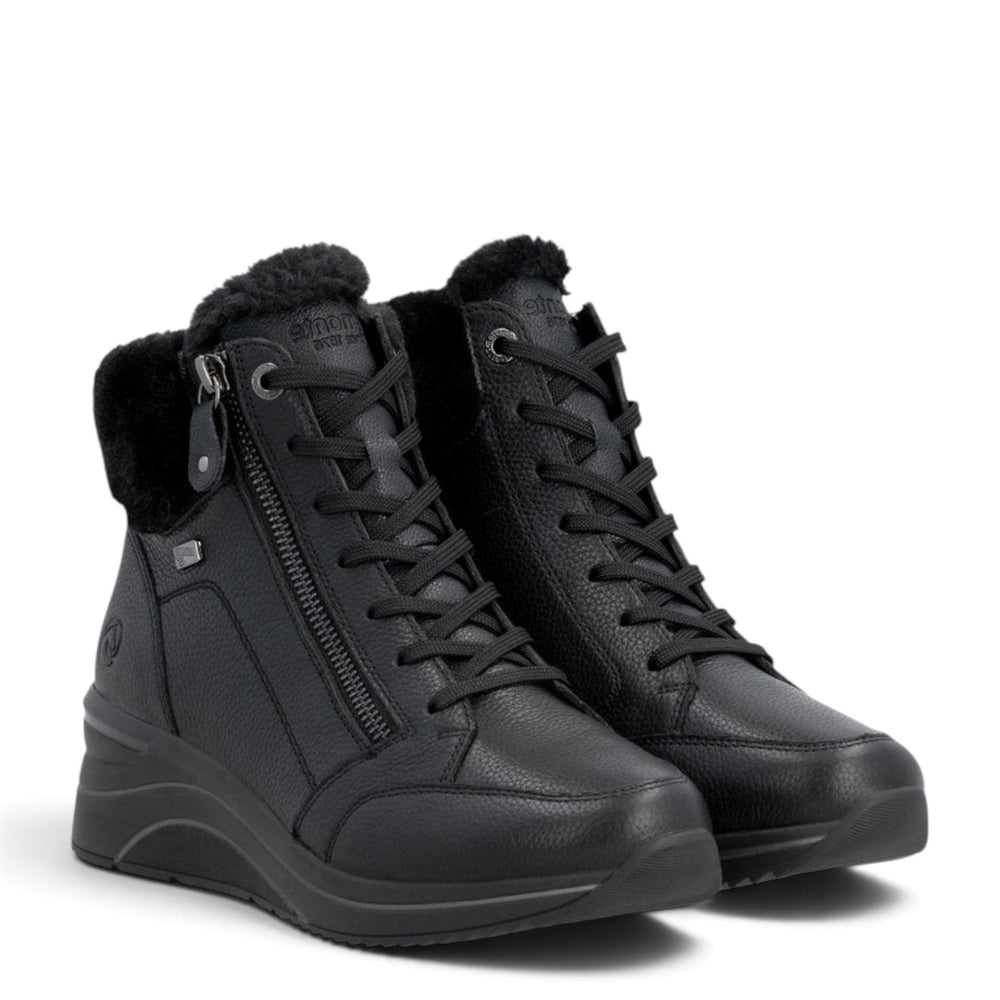 ada-shoes.ro Remonte black leather winter boots with wool lining, Remonte TEX membrane, laces, and side zippers.