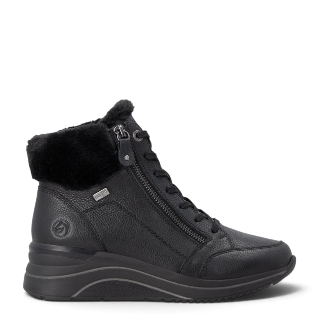 ada-shoes.ro Remonte black leather winter boots with wool lining, side zippers, laces, and Remonte TEX waterproof membrane