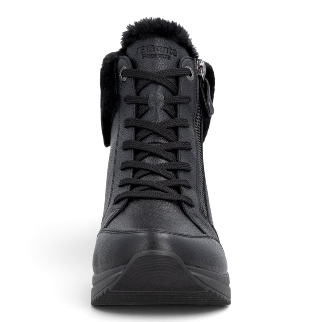 ada-shoes.ro Remonte black leather winter boots with wool lining, laces, and side zippers for a wide fit