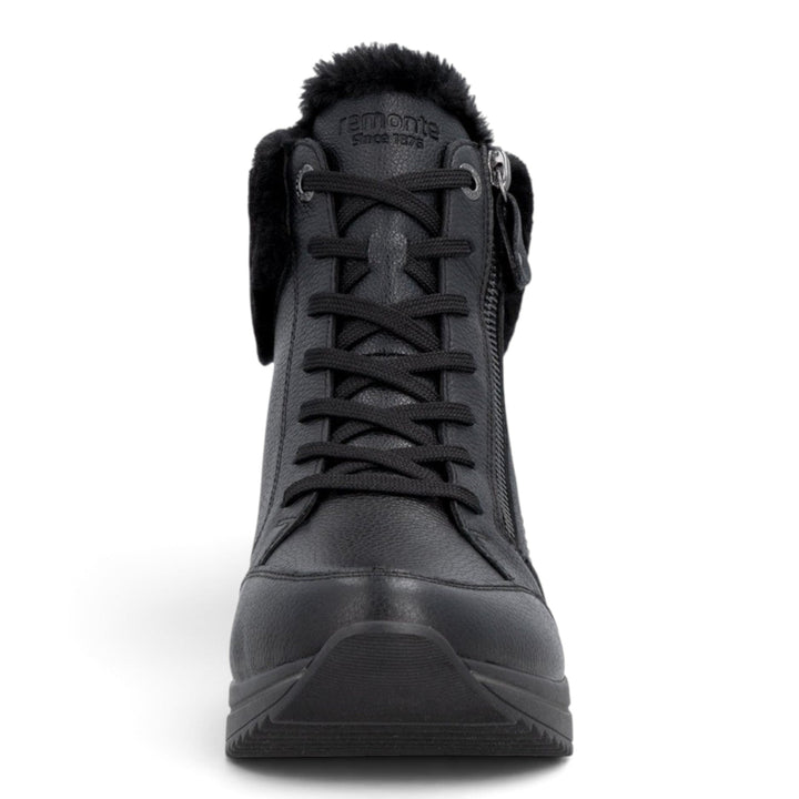 ada-shoes.ro Remonte black leather winter boots with wool lining, laces, and side zippers for a wide fit