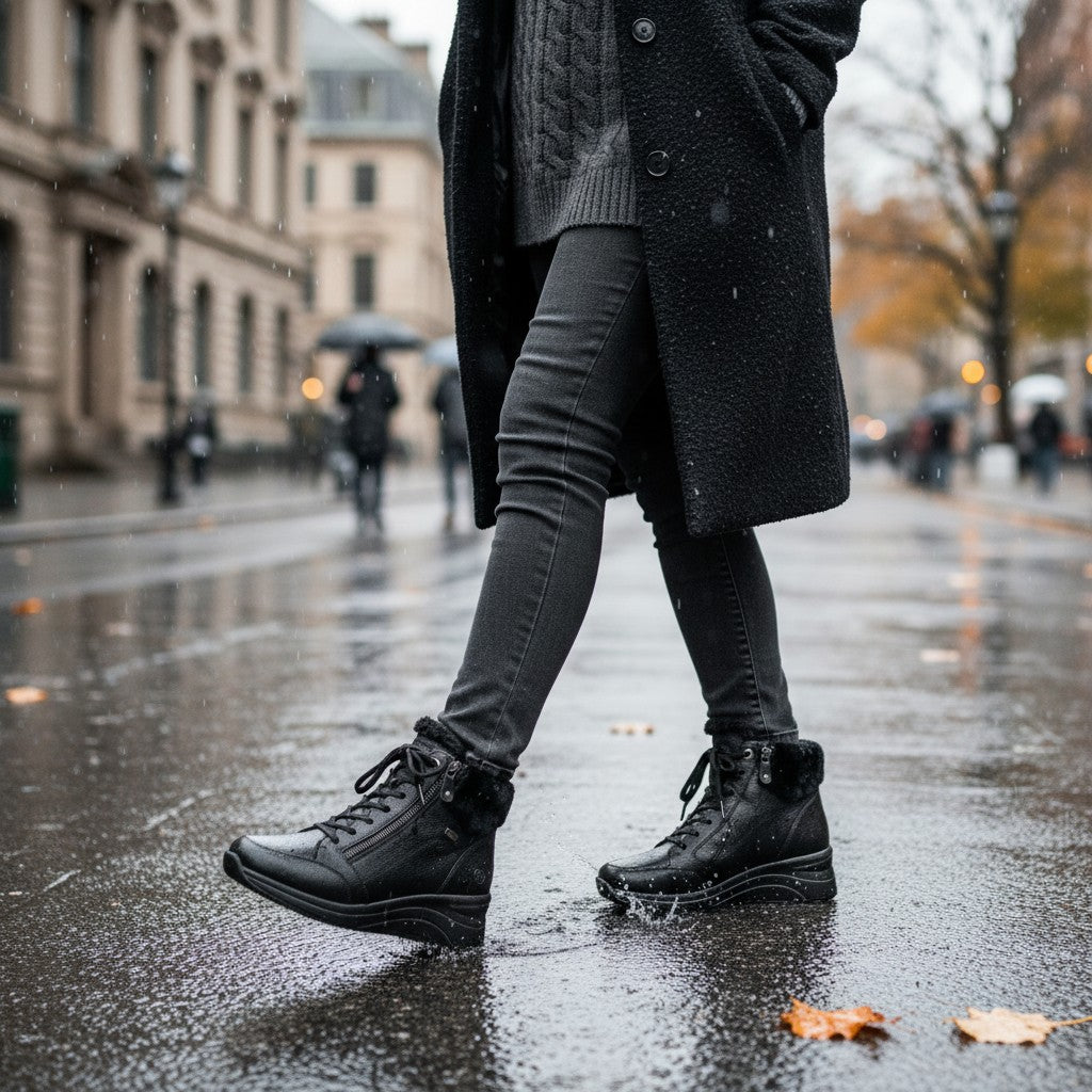 ada-shoes.ro Remonte black leather winter boots with wool lining, side zippers, and laces on a rainy city street.