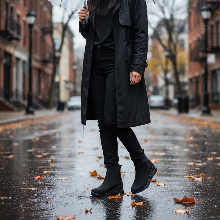 Woman wearing black Remonte TEX D0T73-00 waterproof casual boots on a rainy city street, sold by ada-shoes.ro