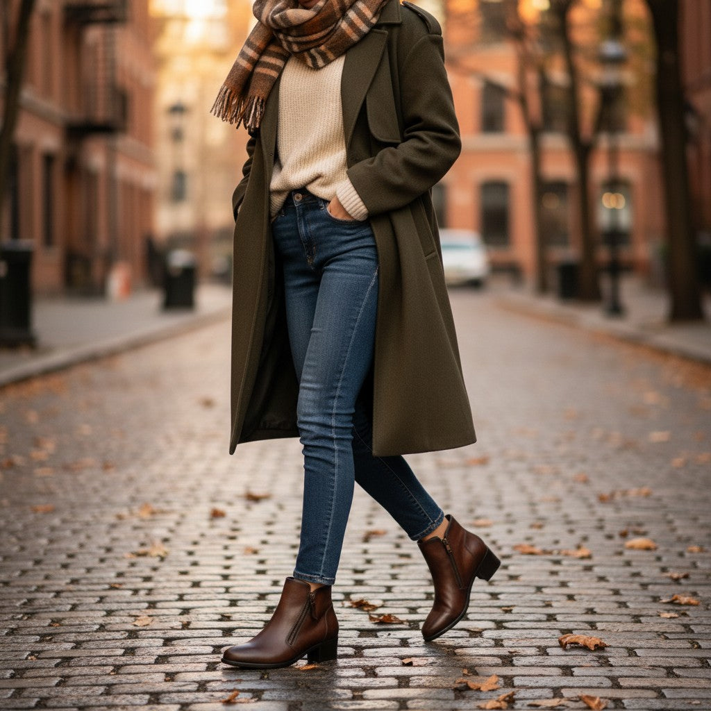 ada-shoes.ro Remonte brown leather ankle boots with block heel worn by a woman on a cobblestone street in autumn