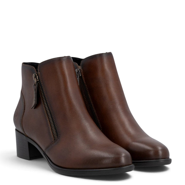 ada-shoes.ro Remonte brown leather ankle boots with block heel and side zipper closure