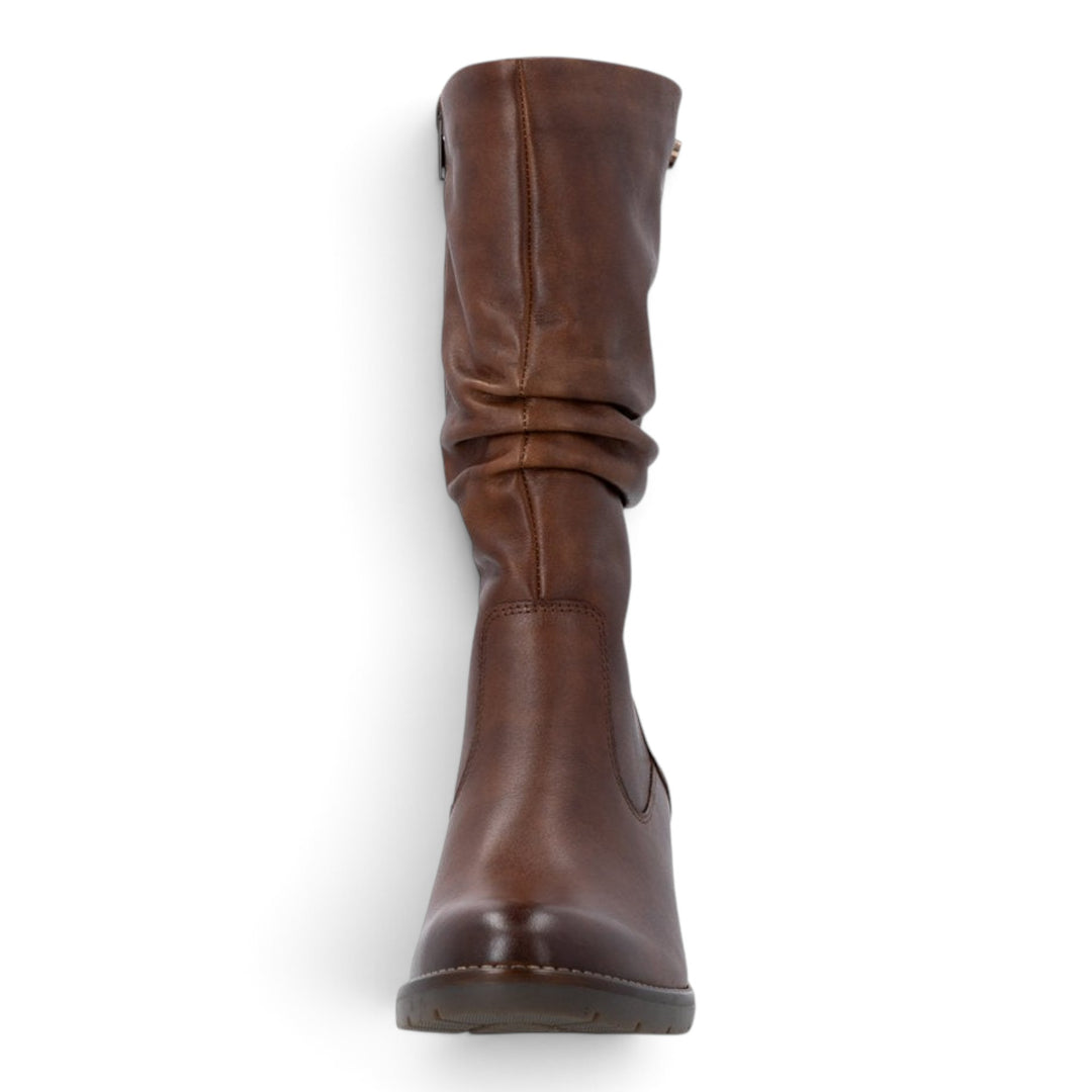 ada-shoes.ro Remonte brown leather knee-high boots with a block heel and ruched detail for a comfortable fit