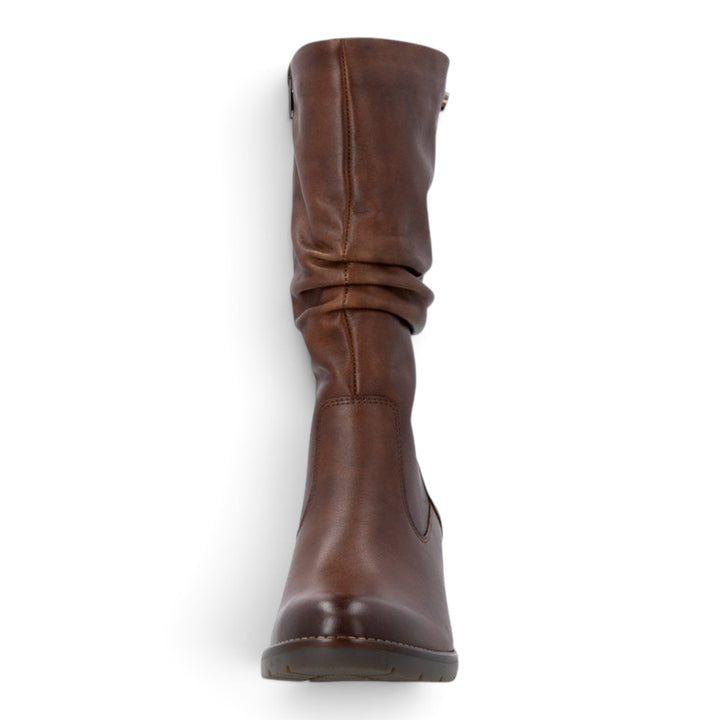 ada-shoes.ro Remonte brown leather knee-high boots with a block heel and ruched detail for a comfortable fit