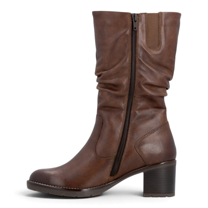 ada-shoes.ro Remonte brown leather mid-calf boots with block heel, side zipper, and ruched detailing