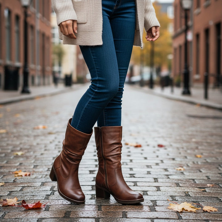 ada-shoes.ro Remonte brown leather boots with block heel worn with jeans on a cobblestone street in autumn